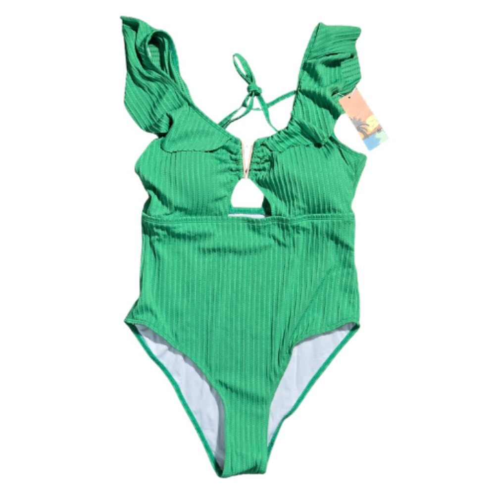 NWT | Kelly Green Ribbed One-Piece Swimsuit | Ruffle Sleeves | V-Wire Detail | L